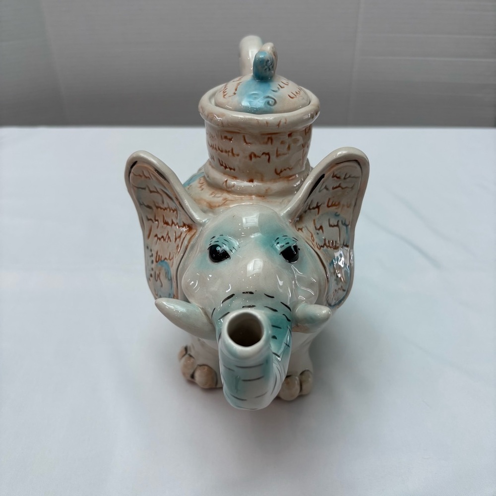 Blue Sky Clayworks Elephant Ceramic Teapot by Heather Goldminc Cream Blue - Picture 2 of 9
